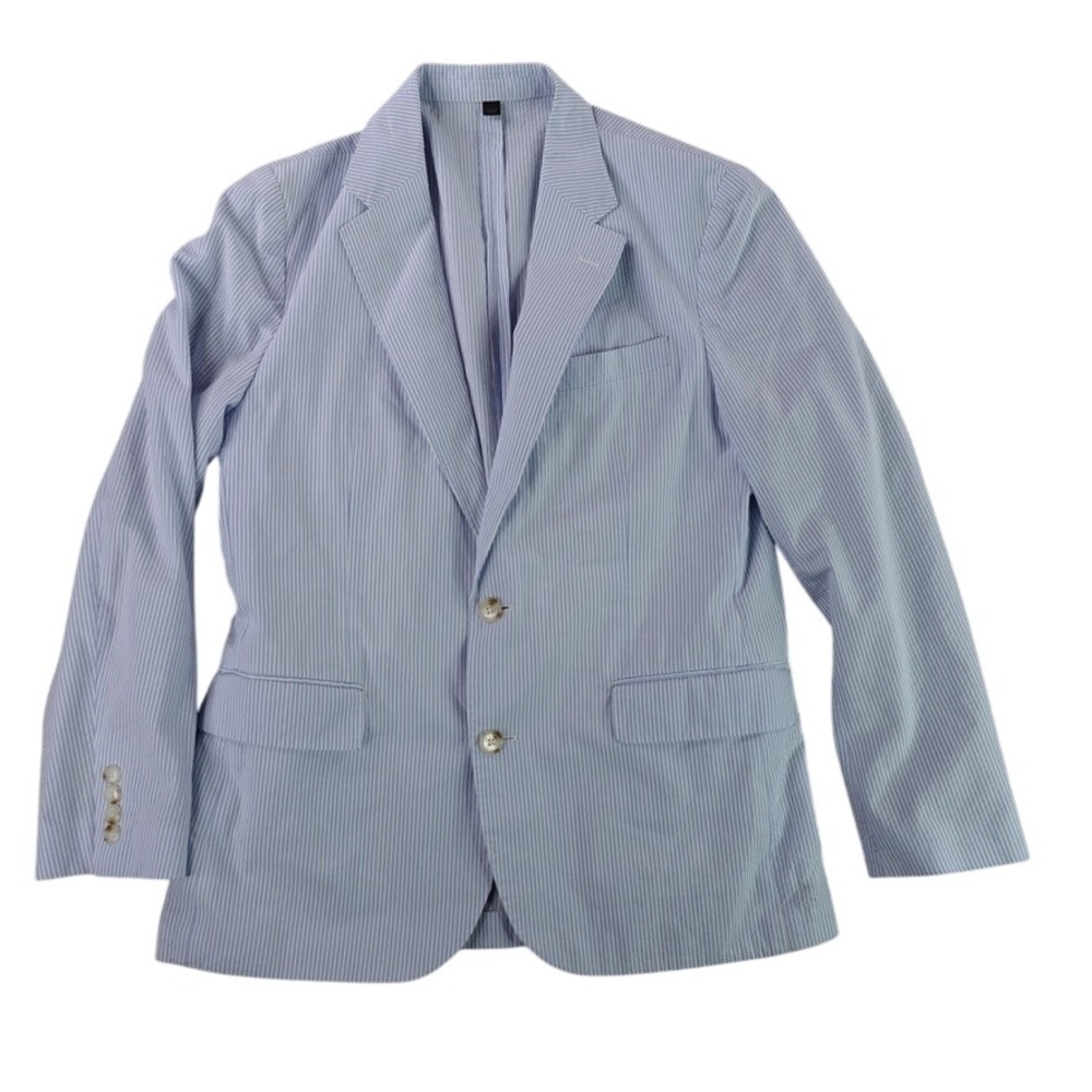 J.Crew Ludlow Blazer Mens 40S Blue White Striped Seersucker Cotton Sport Coat